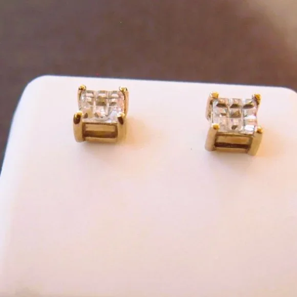 NOS 14 K. Gold Over .925 Sterling Silver Diamond Earring Studs 6mm x 6mm - Picture 2 of 4